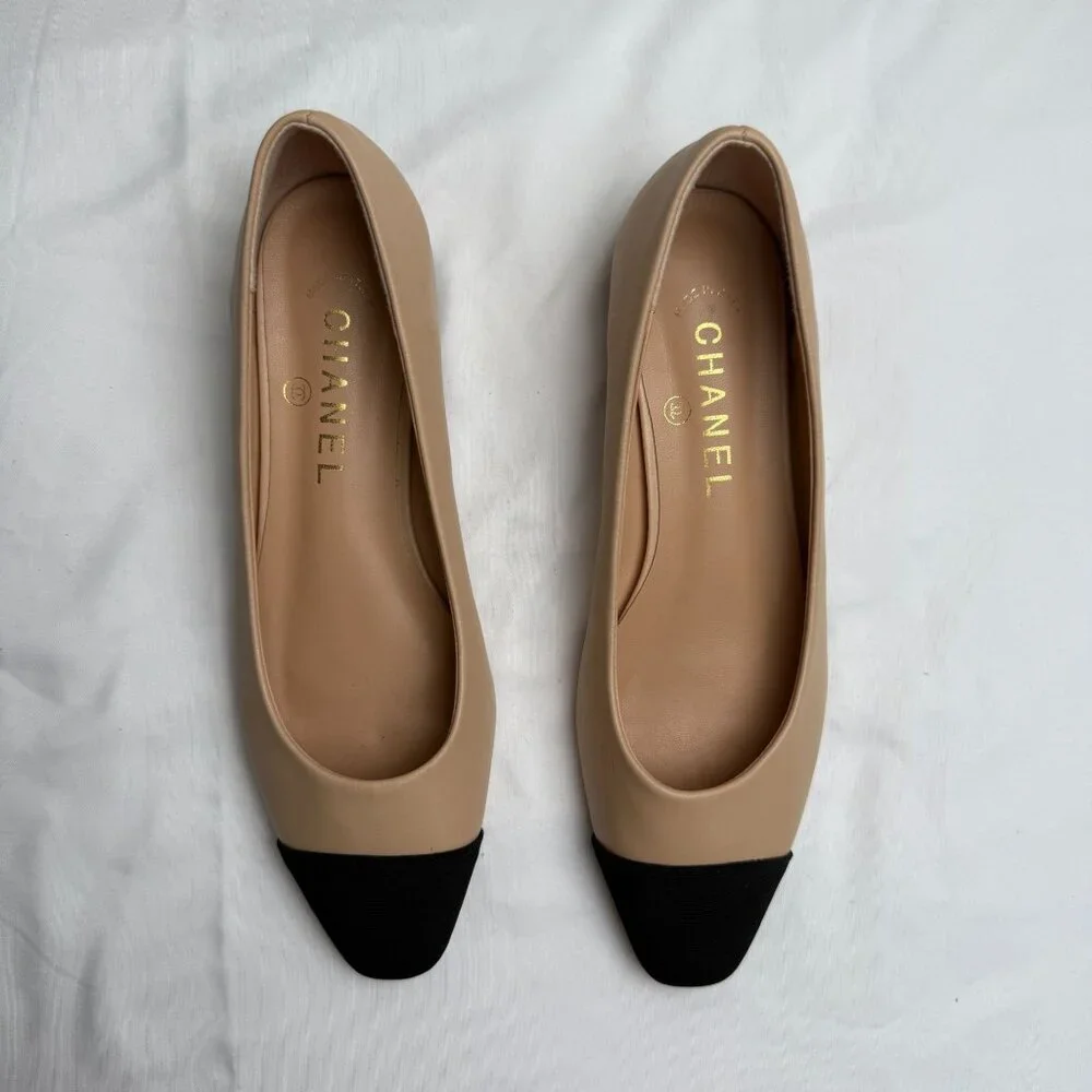 Designer Inspired Beige & Black Cap Toe Ballerina Flats Size 40 (US 9) old money - Picture 3 of 12